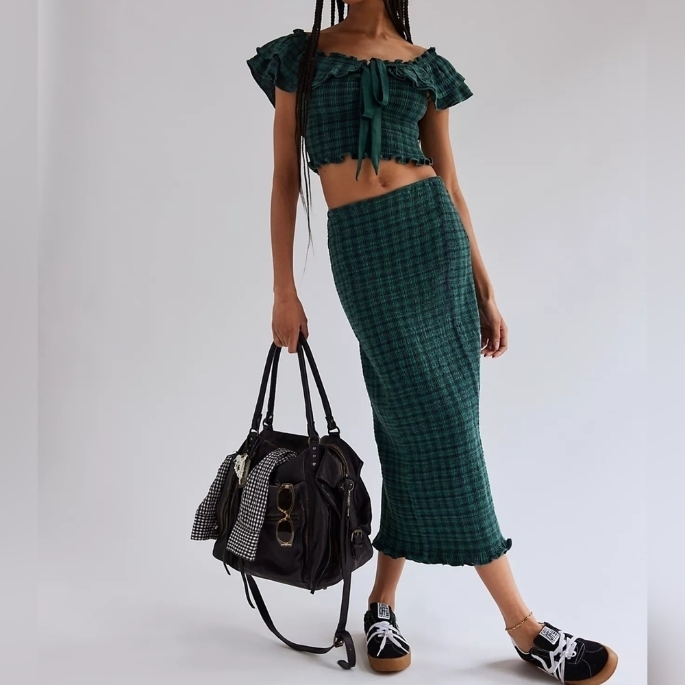 Free People Stretchy Annabeth Green Plaid Top & Skirt 2pc Set, Rainforest, MED